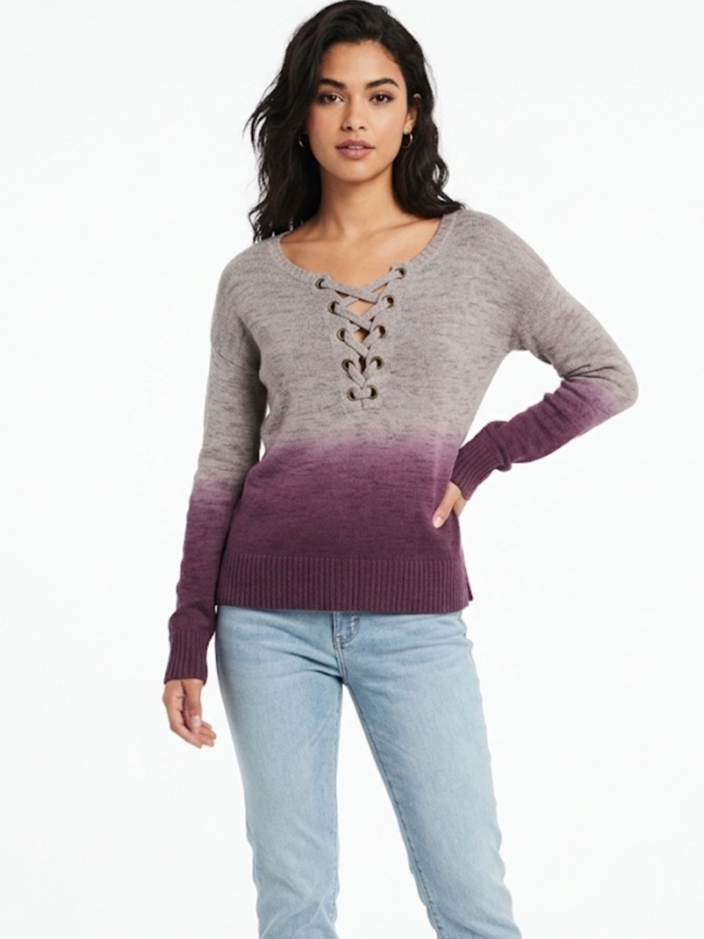 American Eagle Ombré Lace-Up Sweater – Size XS | Cozy Knit | Burgundy Fade |